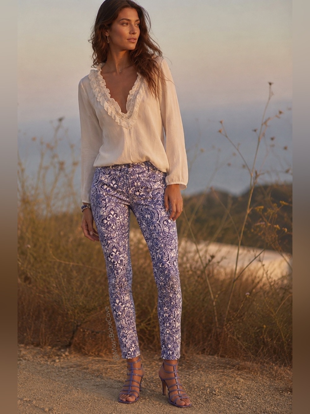 Blue & White Rare Damask Ankle Skinny Jeans Printed Denim - Picture 4 of 14